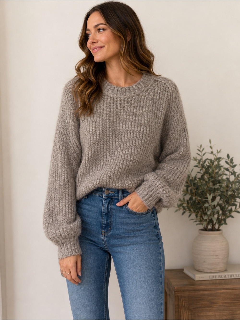Pilcro Taupe Ribbed Balloon-Sleeve Crewneck Sweater